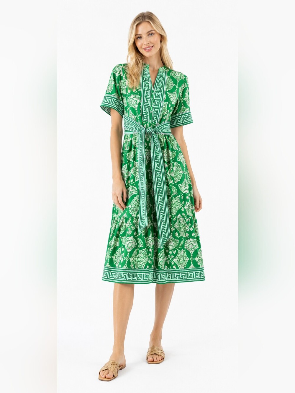NWOT Crown & ivy Size 2x Green Printed Tie-Front Midi Dress